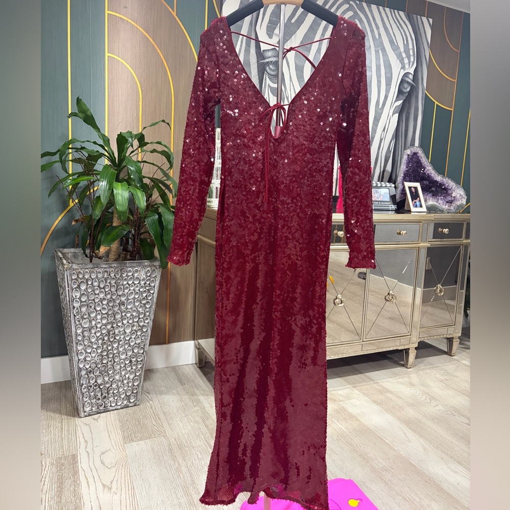 Bardot Deep Red Sequin Long Sleeve Dress